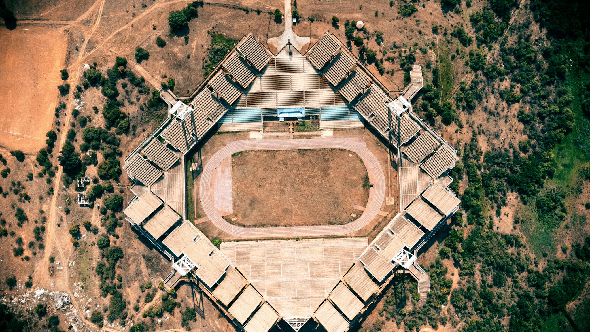 Aerial shot of Mmabatho Stadium in South Africa showcasing its unique design from above.